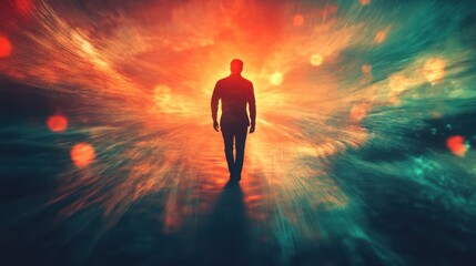 Poster - Conceptual depiction of a glowing man walking through an abstract landscape filled with vibrant colors and light effects