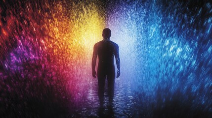 Poster - Man illuminated by vibrant colors in a misty atmosphere, conveying emotions and introspection during nighttime exploration