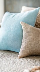 Poster - Calming combination of sky blue and beige decorative pillows on a soft textured surface in a serene indoor setting