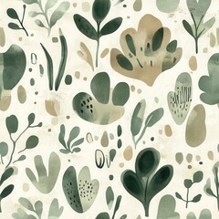 Aufkleber - Doodled watercolor design featuring calming green plants and abstract shapes on a light background