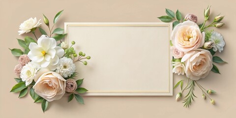 Wall Mural - Elegant Cream-Colored Floral Frame with Blank Invitation Card Perfect for Wedding Announcements or Special Occasions