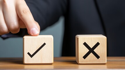 Poster - Businessman is making a decision pushing wooden block with check mark, choosing yes instead of no represented by a cross mark on the other wooden block