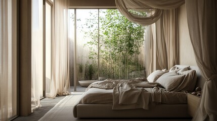 Poster - Elegant canopy bed in a serene bedroom with sheer curtains and natural light