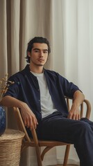 Poster - Young man relaxes in a minimalist setting with natural light and neutral tones