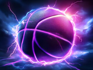 Poster - close up of a perfect basketball ball with neon lightning bolts behind, dark stormy sky, neon purple and electric blue 
