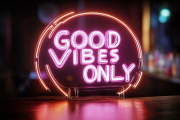 Good vibes only neon sign in a lively bar showcases a vibrant atmosphere and positive energy during an evening social gathering