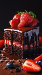 Aufkleber - Close-up view of a luxurious chocolate cake slice with ganache and strawberries showcases dessert artistry