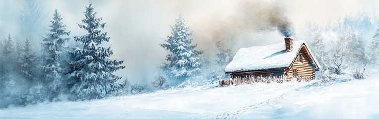 Aufkleber - Snow-covered cabin with smoke rising from chimney surrounded by tall trees in a peaceful winter landscape