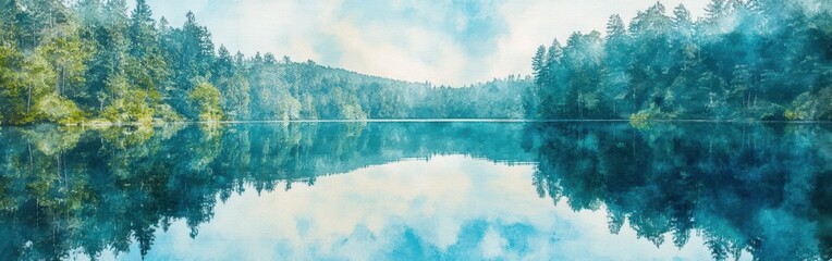 Aufkleber - Crystal-clear lake reflecting lush forest and sky captured in tranquil watercolor tones