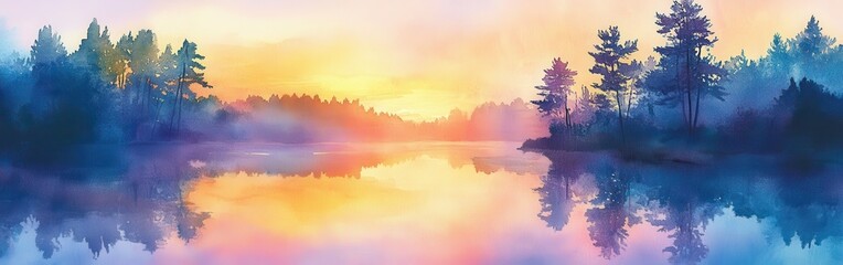 Poster - Colorful sunset over tranquil river with silhouetted trees and serene reflections in watercolor style