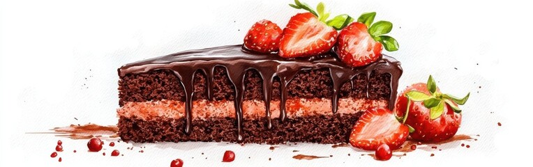 Aufkleber - Close-up of rich chocolate cake slice topped with strawberries and drizzled ganache