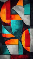 Leinwandbilder - vivid geometric abstract patterns in rich crimson, teal green, and sunset orange against a light gra