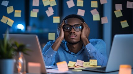 Poster - Young stressed african businessman suffering from fobo, fear of better option, surrounded by sticky notes and laptops while working late at night in office