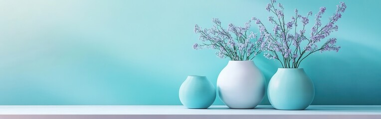 Poster - Elegant pastel color composition with lavender flowers in teal vases enhances tranquility in interior decor