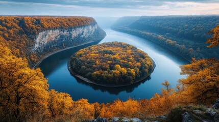 Aufkleber - Calm river flows through a picturesque valley adorned with golden autumn foliage