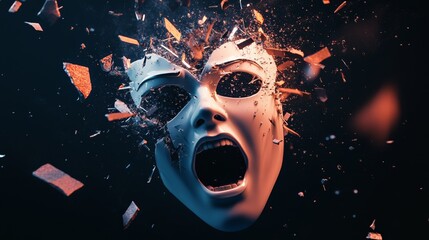 Aufkleber - White mask exploding into small pieces representing mental breakdown, burnout, stress, information overload, dementia, headache, migraine, thoughts, and thinking process