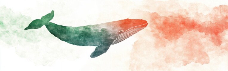 Aufkleber - Elegant whale silhouette with vivid coral and green water spouting in graceful pencil strokes