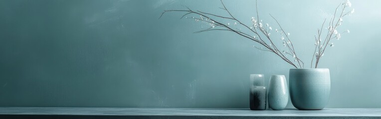 Poster - Elegant display of muted teal and gray mist with minimalist vases and delicate branches in a tranquil setting