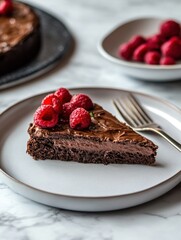 Poster - Indulgent chocolate cake slice garnished with fresh raspberries and a fork on a marble table