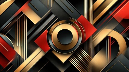 Aufkleber - Futuristic abstract composition with glowing geometric patterns in metallic gold, red, and black tones
