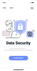 Poster - Data security concept with person laptop shield. Illustration shows a person using a laptop with a shield and lock icon symbolizing security. Minimalist hand drawn web template
