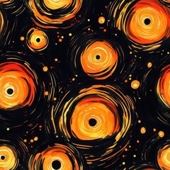 Poster - Whimsical watercolor doodles depicting black holes with glowing orange event horizons in a vibrant cosmic pattern