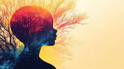 Aufkleber - Child's profile illuminated by vibrant beaches and frosted winter trees at sunset