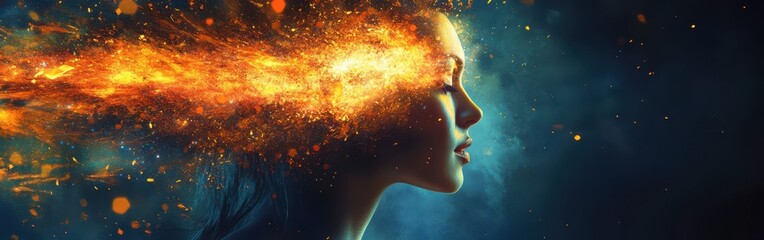 Poster - surreal representation of a glowing woman with radiant shards and luminous explosion in her profile
