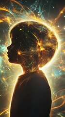 Leinwandbilder - Surreal silhouette of a child glowing with cosmic energy and radiant solar flares in a vibrant display of imagination
