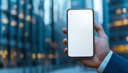 Poster - A close-up of a business professional holding a smartphone with a blank screen in a modern cityscape background, showcasing the integration of technology in daily life.