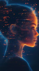 Poster - Surreal woman silhouette glowing with futuristic AI constructs and radiant patterns in a digital realm