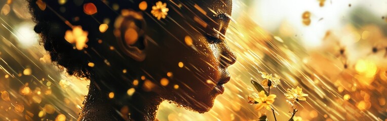 Poster - Surreal child profile filled with glowing rain and blooming flowers representing the essence of spring renewal