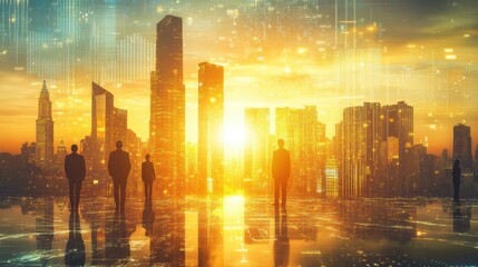 Poster - Business professionals gather in a futuristic city skyline illuminated at sunset with glowing data streams