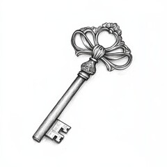 Poster - Ornate pencil illustration of a single key with decorative bow on a white background