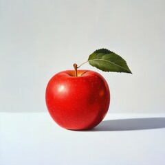 Aufkleber - Bright red apple with shiny skin and green leaf sits on a clean white background showcasing its natural beauty and freshness
