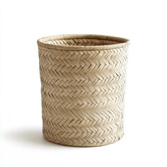 Poster - Woven laundry basket in light beige color on a clean white background ideal for organizing household items and laundry