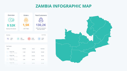  Business Growth Infographic Map of Zambia. Orders, Customers, Sales Overview & product Infographic Map of Zambia. Easy to edit