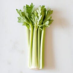 Poster - Fresh celery stalk with crisp green ribs and a tender white base on a clean white surface for culinary preparation or nutrition focus