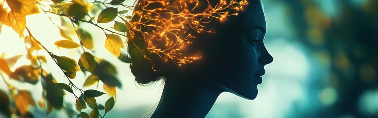 Poster - Portrait of a woman merging with digital nature elements featuring glowing leaves and holographic vines