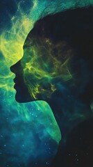 Poster - Woman's silhouette illuminated by northern lights in a celestial landscape of vibrant colors and serene beauty