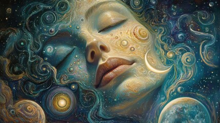 Poster - Woman's serene face infused with glowing planetary systems and moonlight in a cosmic landscape