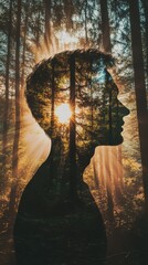 Poster - Silhouette of a man merging with a radiant pine forest under sunlight streaming through trees