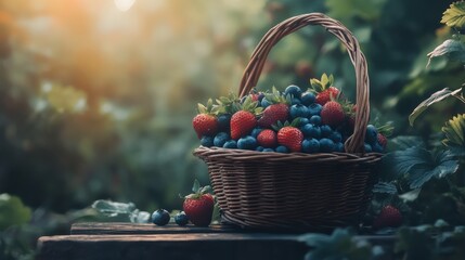 Poster - Rustic wicker basket filled with fresh blueberries and strawberries resting on a wooden table in a sunny garden