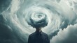 © olga_demina - Swirling clouds replace businessman's head, symbolizing information overload, stress, burnout, and mental health challenges in demanding corporate environment