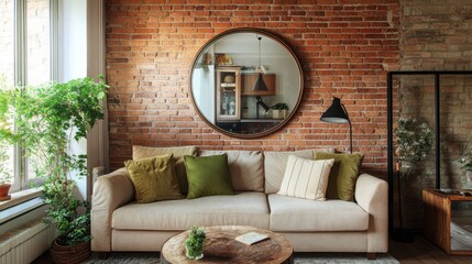 Poster - Rustic living room featuring a round antique mirror and cozy furnishings on a charming brick wall