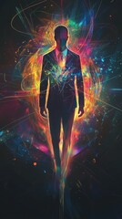 Aufkleber - Mysterious silhouette of a man adorned with glowing geometric patterns in a vibrant display of modern art