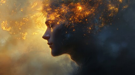 Poster - Mystical profile of a man illuminated by glowing beams through fog at dawn, embodying tranquility and depth