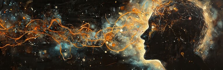 Poster - Mystical profile of a man illuminated by tangled lines and forms, with energy and intensity radiating in the darkness