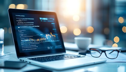 Aufkleber - A modern workspace with a laptop displaying financial graphs, a pair of glasses, and a coffee cup