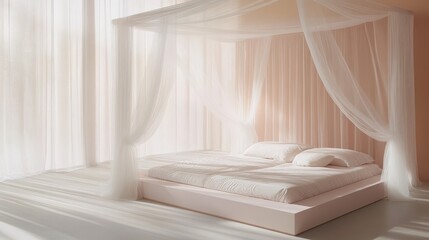 Aufkleber - Minimalist bedroom featuring a serene canopy bed with sheer drapes and pastel decor in a softly lit space